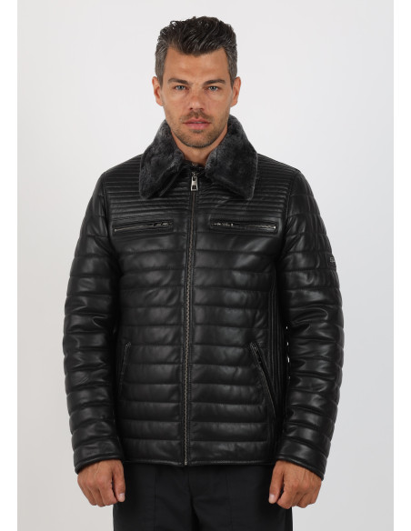 Geacă de Bărbați din Piele de Miel Matlasată și Guler Detașabil din Blană Tip Sacou Model Yanis Negru