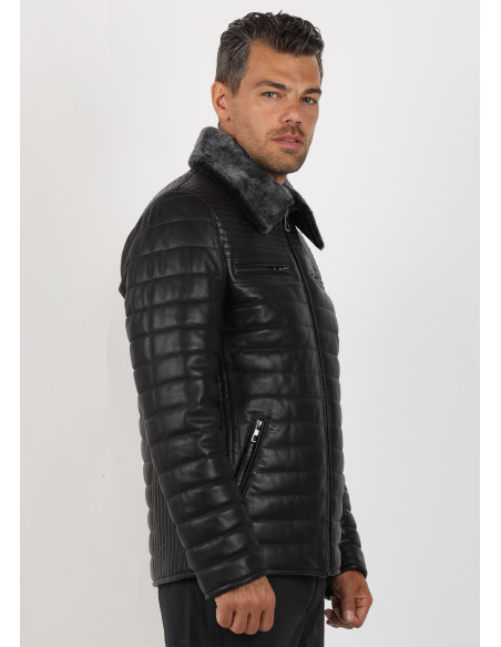 Geacă de Bărbați din Piele de Miel Matlasată și Guler Detașabil din Blană Tip Sacou Model Yanis Negru