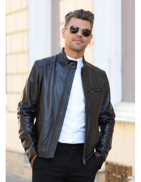 Geacă de Bărbați din Piele Nappa de Miel Model Massi Negru