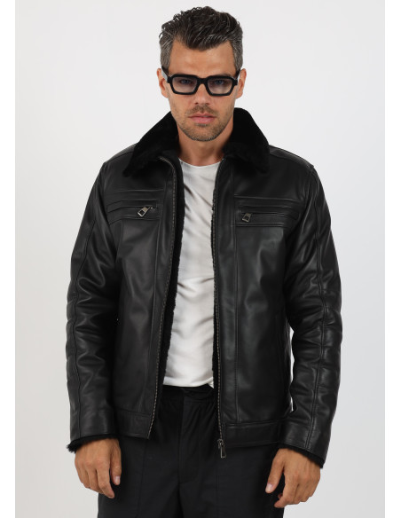 Geacă Îmblănită de Bărbați din Piele de Miel Model Caius Negru