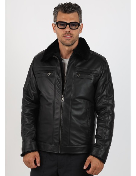 Geacă Îmblănită de Bărbați din Piele de Miel Model Caius Negru