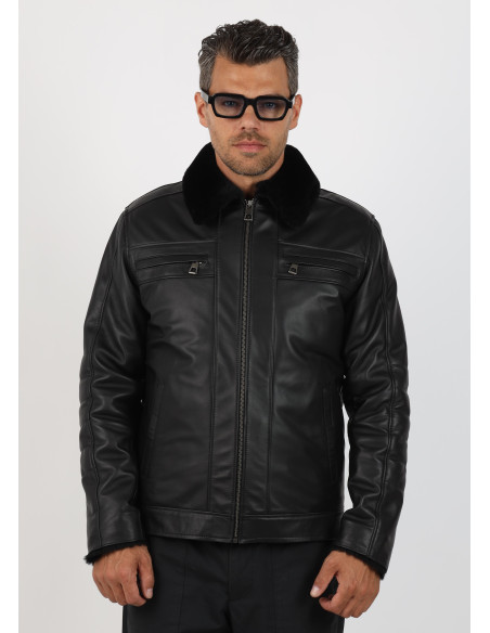 Geacă Îmblănită de Bărbați din Piele de Miel Model Caius Negru