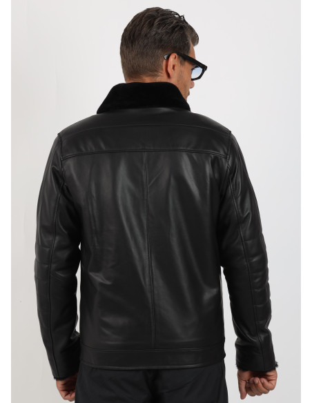 Geacă Îmblănită de Bărbați din Piele de Miel Model Caius Negru