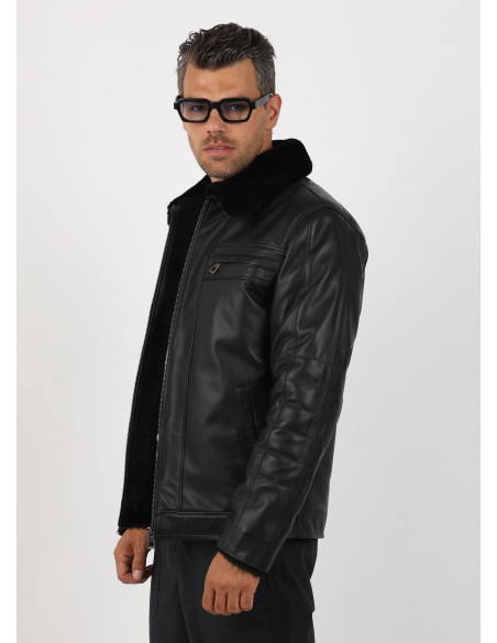 Geacă Îmblănită de Bărbați din Piele de Miel Model Caius Negru