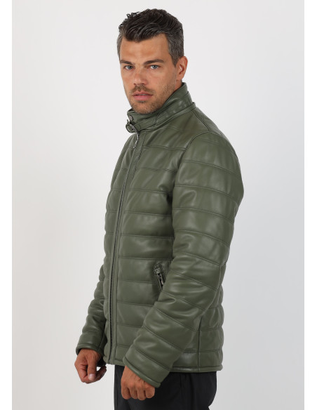 Geacă de Bărbați Matlasată din Piele de Miel și cu Glugă Detașabilă Tip Sacou Model Yanis Lung Verde