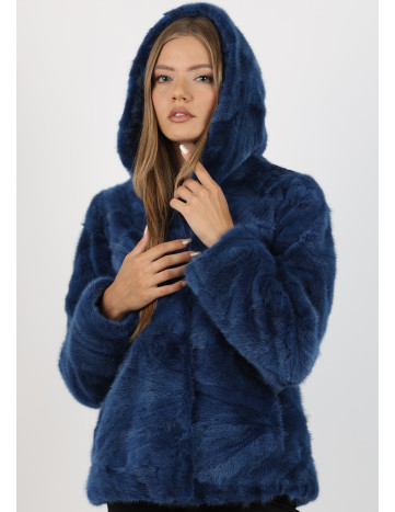 Haină de Damă din Blană de Nurcă cu Glugă Model Ocean Blue