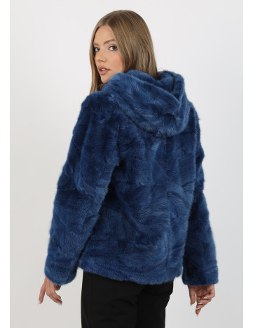 Haină de Damă din Blană de Nurcă cu Glugă Model Ocean Blue 2