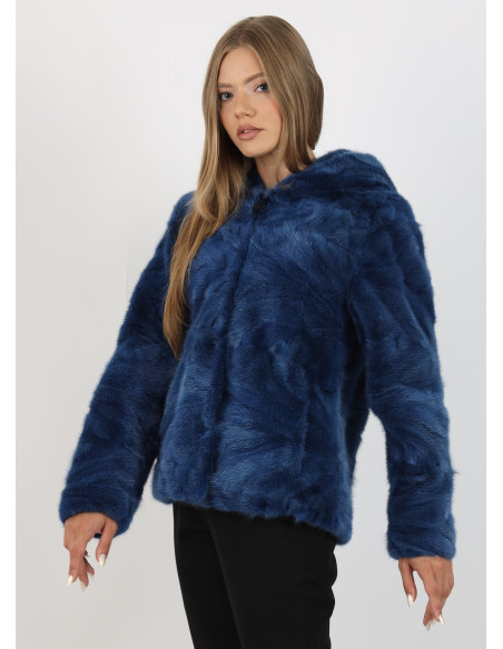Haină de Damă din Blană de Nurcă cu Glugă Model Ocean Blue