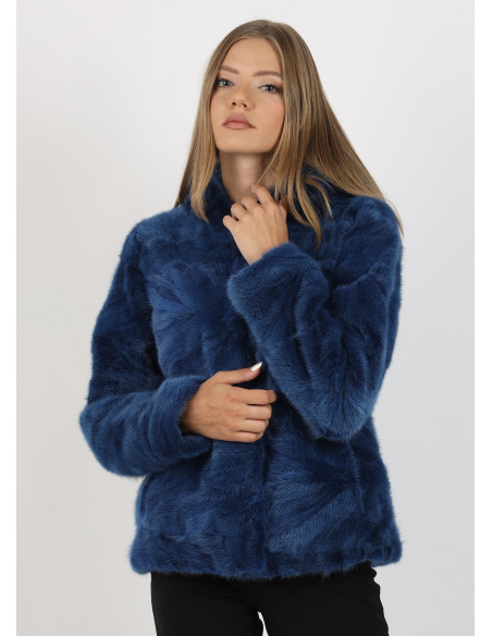 Haină de Damă din Blană de Nurcă cu Glugă Model Ocean Blue