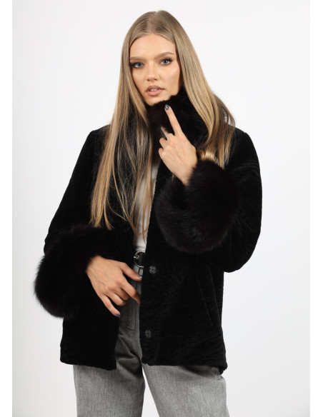 Capă de Damă din Blană de Miel Australian Negru și Guler din Vulpe Argintie Model Mirela Negru