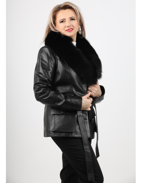 Geacă de Damă din Piele de Miel Cambrată cu Guler Detașabil Model Ionela