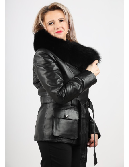 Geacă de Damă din Piele de Miel Cambrată cu Guler Detașabil Model Ionela