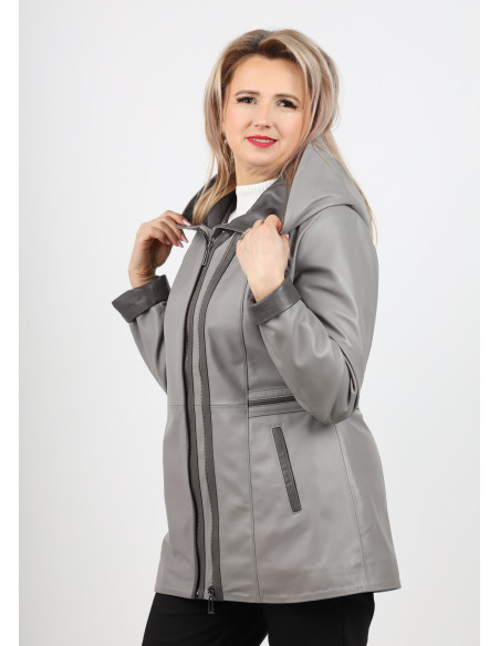 Geacă de Damă din Piele de Miel cu Glugă Model Olimpia Gri
