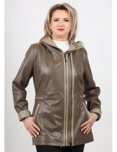 Geacă de Damă din Piele de Miel cu Glugă Model Olimpia Maro
