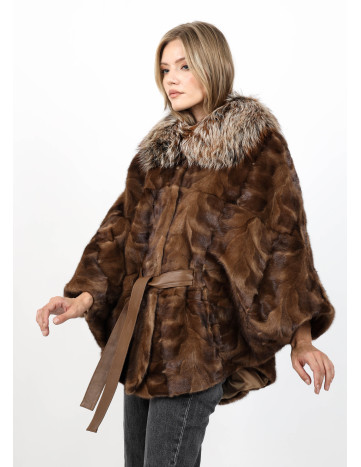 Poncho de Damă din Nurcă cu Cordon și Guler din Vulpe...