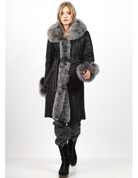 Cojoc de Damă din Blană de Miel Napalan cu Guler și Garnituri din Vulpe Argintie Model Calypso Negru