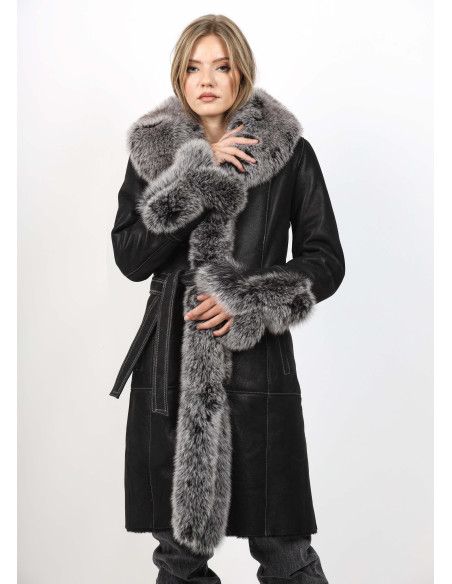 Cojoc de Damă din Blană de Miel Napalan cu Guler și Garnituri din Vulpe Argintie Model Calypso Negru