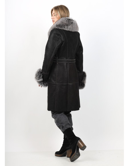 Cojoc de Damă din Blană de Miel Napalan cu Guler și Garnituri din Vulpe Argintie Model Calypso Negru
