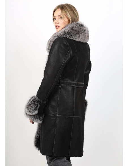 Cojoc de Damă din Blană de Miel Napalan cu Guler și Garnituri din Vulpe Argintie Model Calypso Negru