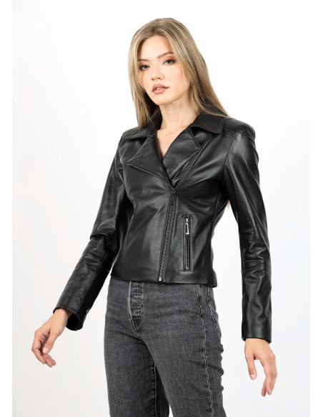 Geacă de Damă din Piele de Miel Model Urban Giovana Negru