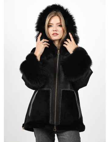 Geacă din Blană de Miel și Vulpe Argintie Model Arya Negru 2