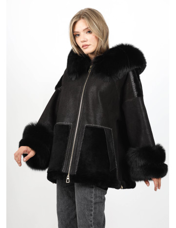 Geacă din Blană de Miel și Vulpe Argintie Model Arya Negru