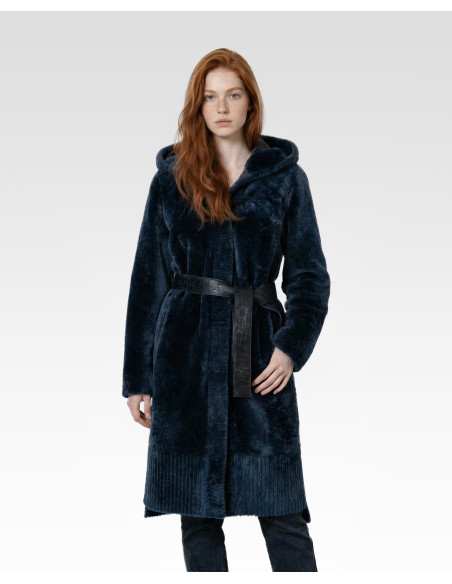 Palton cu Dublă Față de Damă din Blană de Miel Australian Model Amalia Blue