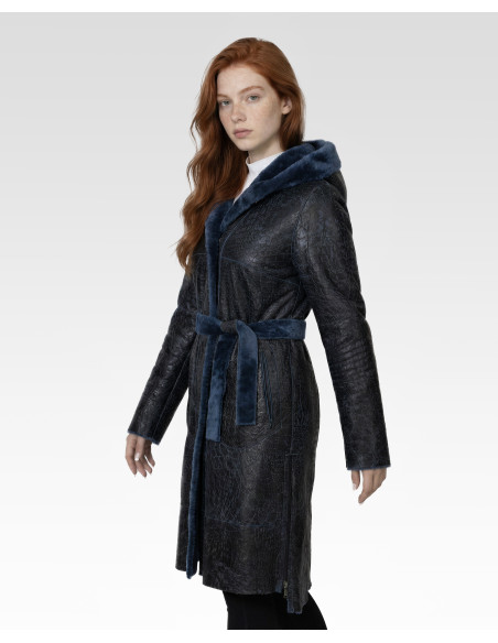 Palton cu Dublă Față de Damă din Blană de Miel Australian Model Amalia Blue