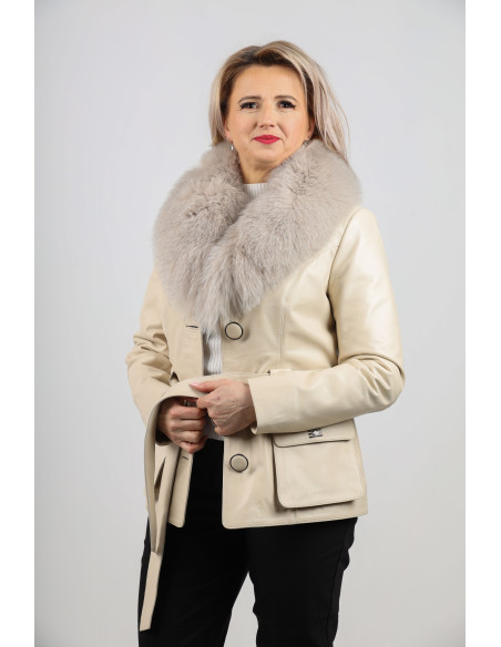 Geacă de Damă din Piele de Miel Cambrată cu Guler Detașabil Model Ionela Crem