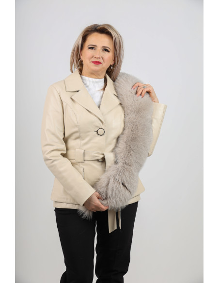 Geacă de Damă din Piele de Miel Cambrată cu Guler Detașabil Model Ionela Crem