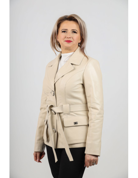 Geacă de Damă din Piele de Miel Cambrată cu Guler Detașabil Model Ionela Crem