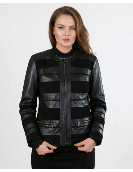 Geacă de Damă din Piele de Miel Nappa și Velur Model Caterina Negru