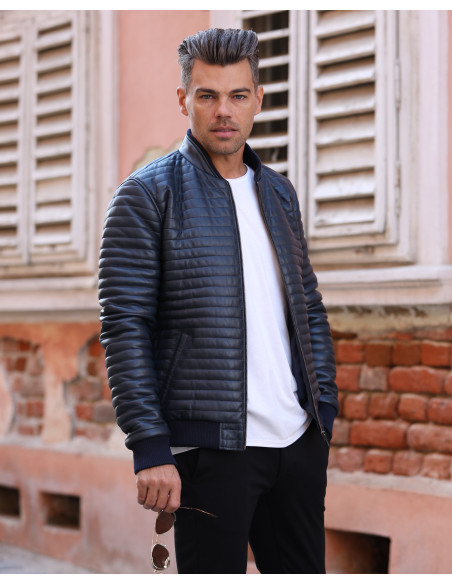 Geacă de Bărbați din Piele  Matlasată Bomber Model Adam Bleumarin