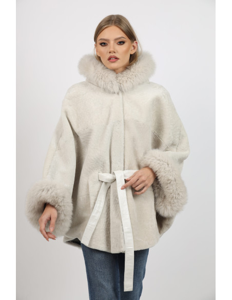 Poncho de Damă Universal din Miel Australian și Glugă din Vulpe Argintie Crem