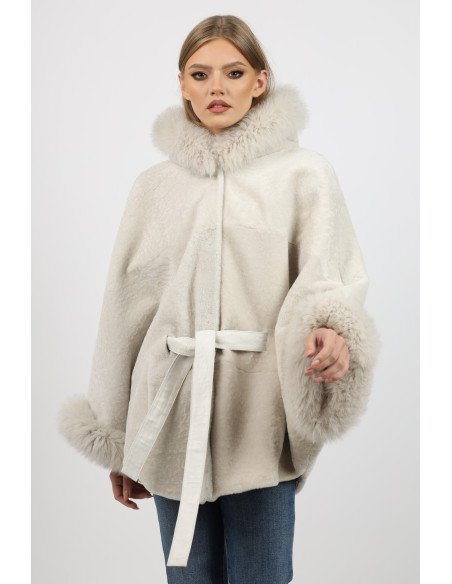Poncho de Damă Universal din Miel Australian și Glugă din Vulpe Argintie Crem