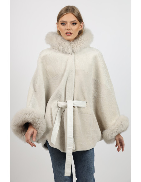 Poncho de Damă Universal din Miel Australian și Glugă din Vulpe Argintie Crem