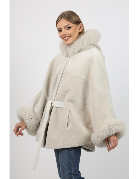 Poncho de Damă Universal din Miel Australian și Glugă din Vulpe Argintie Crem
