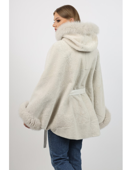 Poncho de Damă Universal din Miel Australian și Glugă din Vulpe Argintie Crem