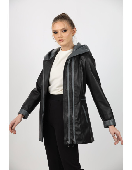 Geacă de Damă din Piele de Miel cu Glugă Model Olimpia Negru