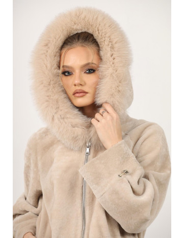 Geacă de Damă din Blană de Miel Australian și Glugă de...