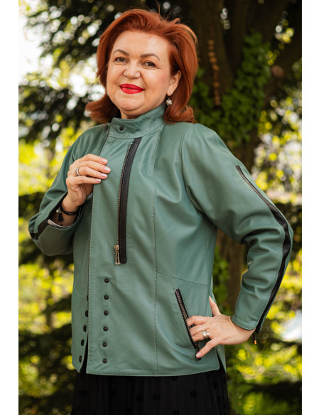 Geacă de Damă din Piele de Miel cu Fermoar și Butoni Model Demetra Verde