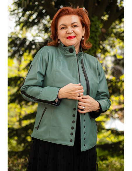 Geacă de Damă din Piele de Miel cu Fermoar și Butoni Model Demetra Verde