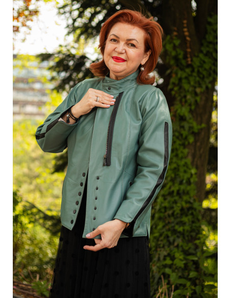 Geacă de Damă din Piele de Miel cu Fermoar și Butoni Model Demetra Verde