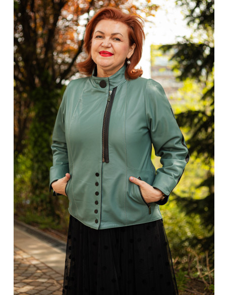 Geacă de Damă din Piele de Miel cu Fermoar și Butoni Model Demetra Verde