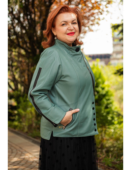 Geacă de Damă din Piele de Miel cu Fermoar și Butoni Model Demetra Verde