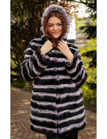 Haină de Damă din Iepure Chinchilla Rex cu Glugă